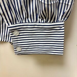 Striped Navy Blue and White Button-Up Shirt.